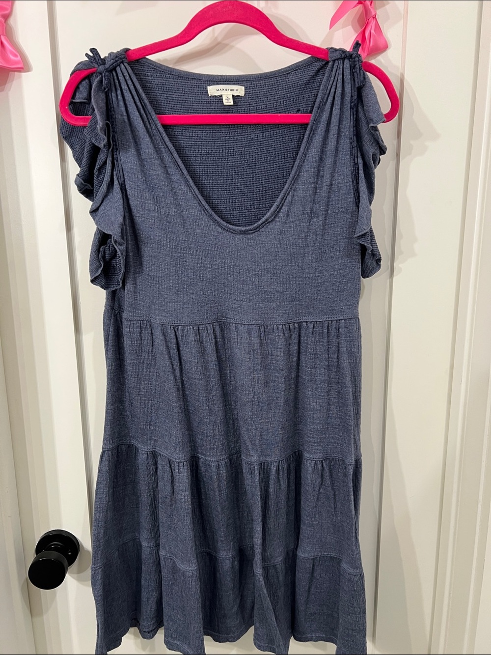 Max Studio Slate Blue Ruffle-Shoulder Tiered Midi Dress